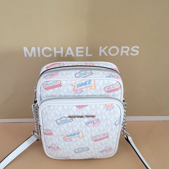 Michael Kors Jet Set Travel Medium NS Chain Crossbody Handbag Optic White Diner - Picture 2 of 7